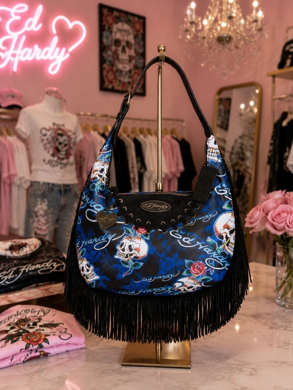 Ed Hardy Blue and Black Skull Fringe Shoulder Bag